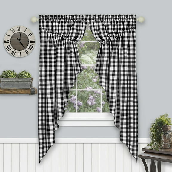 Woven Trends Farmhouse Curtains, Buffalo Plaid Curtain Shades, Gathered Swag Set, Classic Country Plaid Gingham Checkered Design, Farmhouse Decor, 72" x 63" Gathered Swag Pair (2-Pack), Black