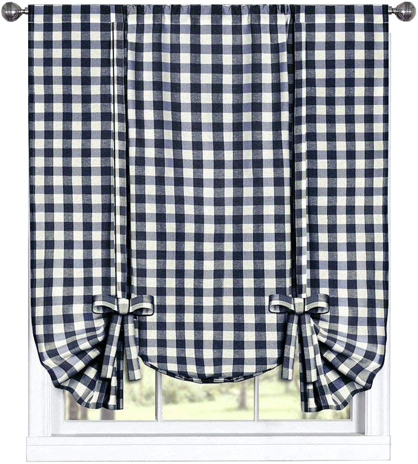 Woven Trends Farmhouse Curtains Kitchen Décor, Buffalo Plaid Shades, Classic Country Plaid Gingham Checkered Design, Farmhouse Décor, Window Curtain Treatments (Navy, Tie-Up Shade)