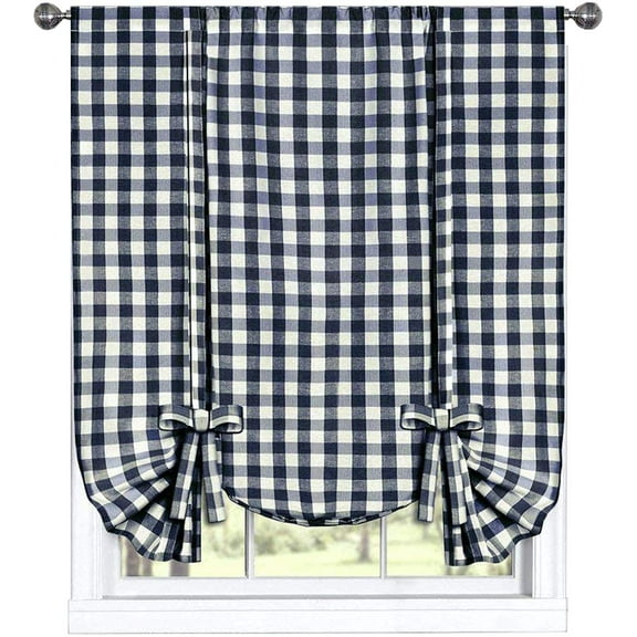 Woven Trends Farmhouse Curtains Kitchen Décor, Buffalo Plaid Shades, Classic Country Plaid Gingham Checkered Design, Farmhouse Décor, Window Curtain Treatments (Navy, Tie-Up Shade)