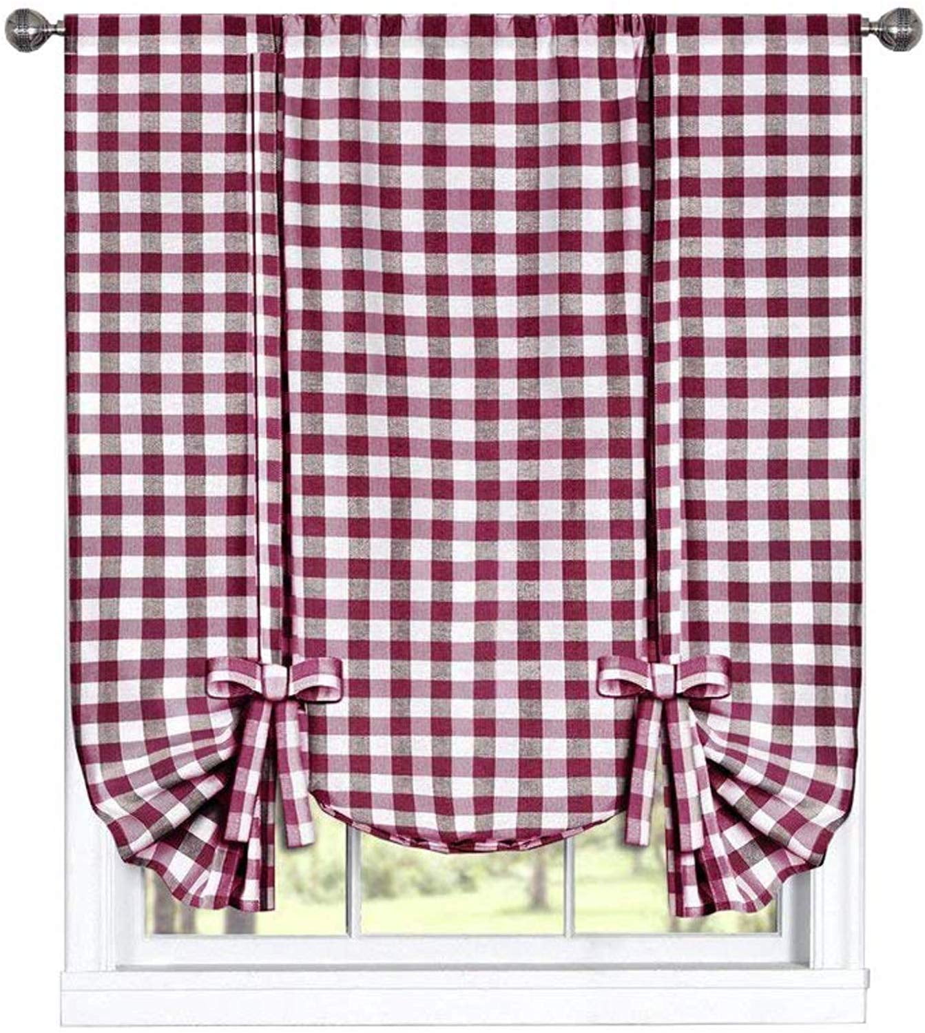 Woven Trends Farmhouse Curtains Kitchen Décor, Buffalo Plaid Shades, Classic Country Plaid Gingham Checkered Design, Farmhouse Décor, Window Curtain Treatments (Burgundy, Tie-Up Shade)