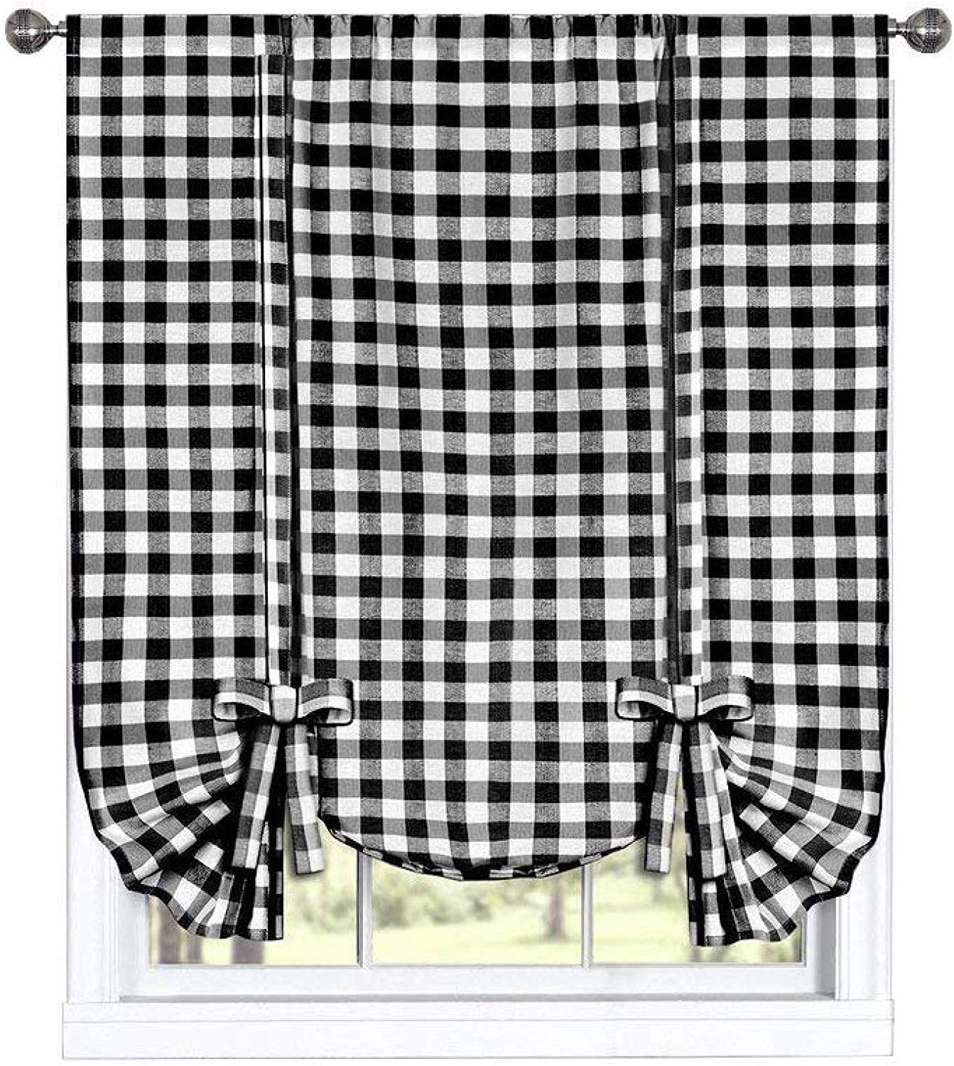Woven Trends Farmhouse Curtains Kitchen Décor, Buffalo Plaid Shades, Classic Country Plaid Gingham Checkered Design, Farmhouse Décor, Window Curtain Treatments (Black, Tie-Up Shade)