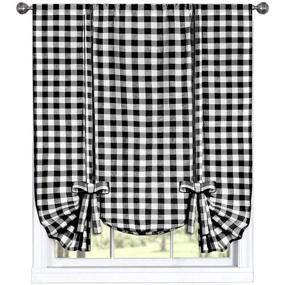 Woven Trends Farmhouse Curtains Kitchen Décor, Buffalo Plaid Shades, Classic Country Plaid Gingham Checkered Design, Farmhouse Décor, Window Curtain Treatments (Black, Tie-Up Shade)