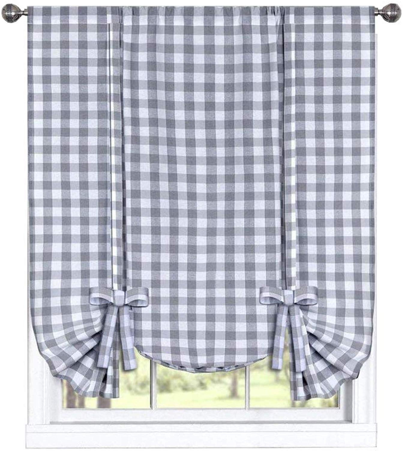 Woven Trends Farmhouse Curtains Kitchen Décor, Buffalo Plaid Shades, Classic Country Plaid Gingham Checkered Design, Farmhouse Décor, Window Curtain Treatments (Gray, Tie-Up Shade)