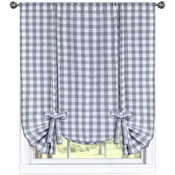 Woven Trends Farmhouse Curtains Kitchen Décor, Buffalo Plaid Shades, Classic Country Plaid Gingham Checkered Design, Farmhouse Décor, Window Curtain Treatments (Gray, Tie-Up Shade)