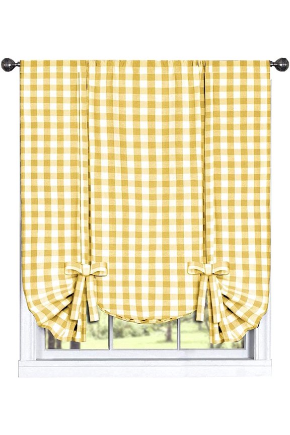 Farmhouse Curtains Kitchen Décor, Buffalo Plaid Shades, Classic Country Plaid Gingham Checkered Design, Farmhouse Décor, Window Curtain Treatments (Yellow, Tie-Up Shade)