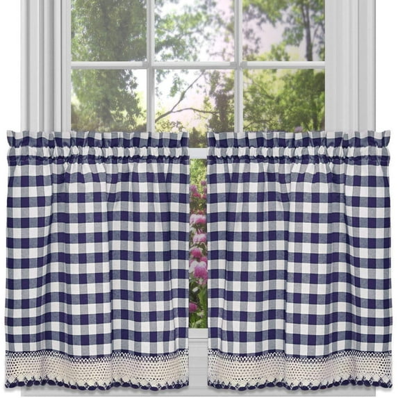 Woven Trends Farmhouse Curtains Kitchen Décor, Buffalo Plaid Valance, Classic Country Plaid Gingham Checkered Design, Farmhouse Décor, Window Curtain Treatments (Navy, 24" Tier Pair)