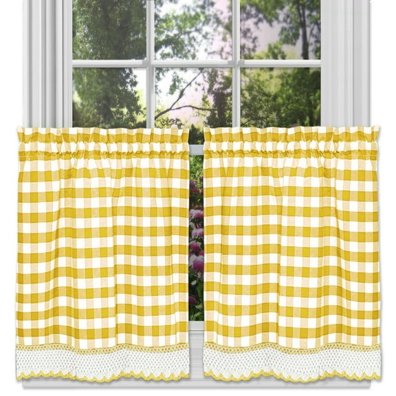Woven Trends Farmhouse Curtains Kitchen Décor, Buffalo Plaid Valance, Classic Country Plaid Gingham Checkered Design, Farmhouse Décor, Window Curtain Treatments (Yellow, 24" Tier Pair)