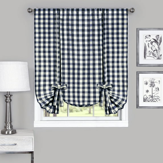 Woven Trends Farmhouse Curtains Kitchen Décor, Buffalo Plaid Valance, Classic Country Plaid Gingham Checkered Design, Farmhouse Décor, Window Curtain Treatments (Navy, Tie-Up Shade)