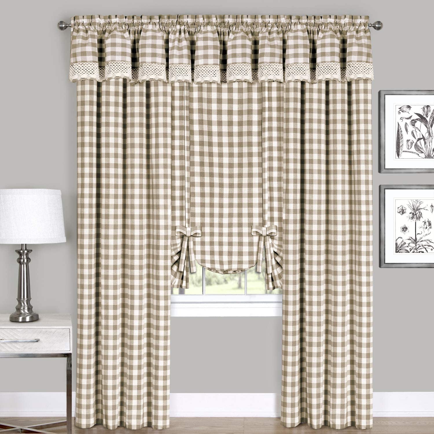 Taupe Gingham Checkered Cotton Polyester Kitchen Valance