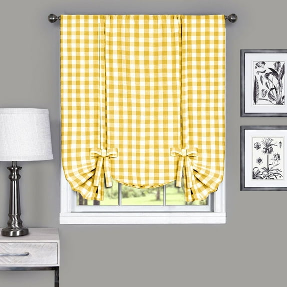 Woven Trends Farmhouse Curtains Kitchen Décor, Buffalo Plaid Valance, Classic Country Plaid Gingham Checkered Design, Farmhouse Décor, Window Curtain Treatments (Yellow, Tie-Up Shade)