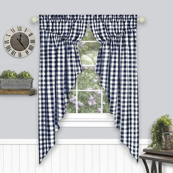Woven Trends Farmhouse Curtains Kitchen Decor, Buffalo Plaid Gathered Swags, Classic Country Plaid Gingham Checkered Design, Farmhouse Decor (Navy Blue, 72" W x 63" H Swag Pair)
