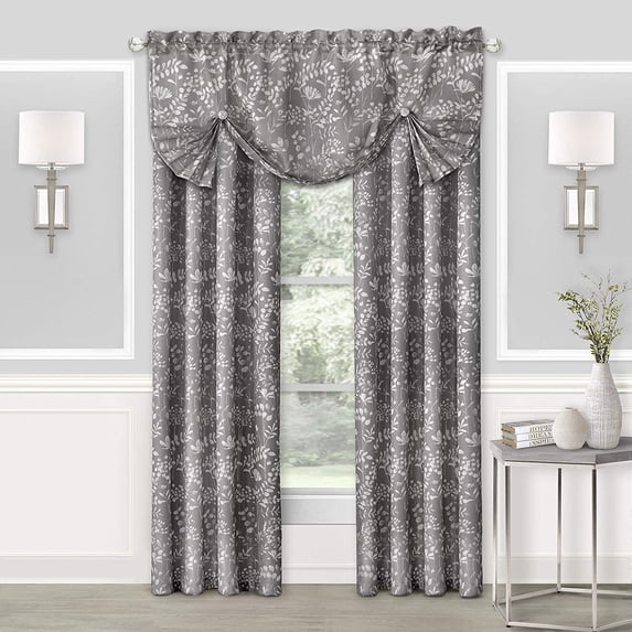 Woven Trends Floral Design Light Filtering Curtains and Valance Set, 52 x 63 inches Rod Pocket 2 Panel Semi Sheer Curtains, Window Curtain Toppers for Living Room, Bedroom Decor, Gray