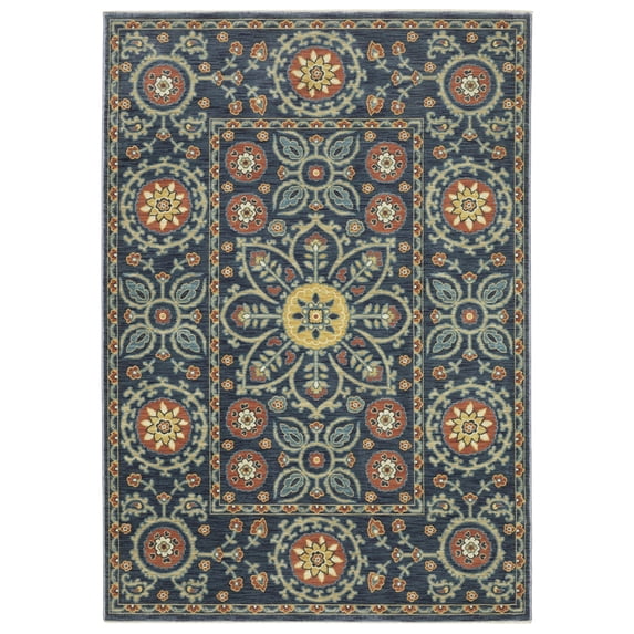 Woven Trends Flormap FR11B - Traditional Folk-Art Flair Bodered Floral Pattern, Stain Resistant, Living Room, Bedroom, Office, Pet Friendly Polypropylene Area Rug in Blue - 10' X 13'