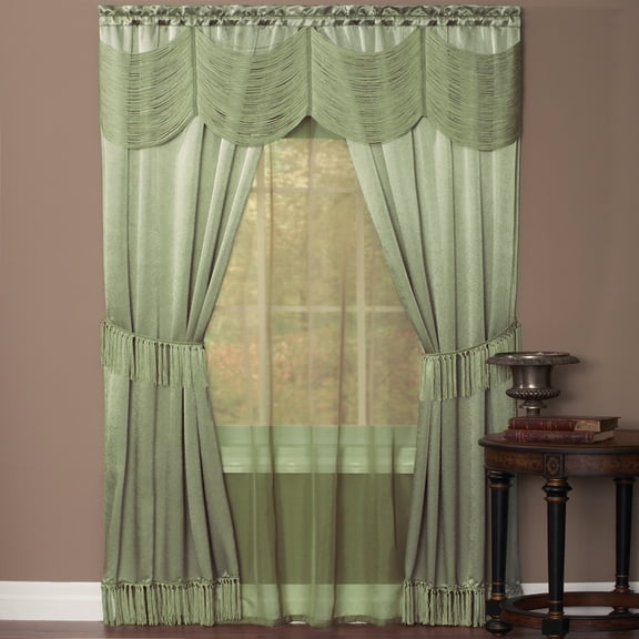 Woven Trends Halley 6 Piece Window Curtain Set, Victorian Style Curtains 84 Inches Long, Window In A Bag Curtain and Valance Set for Living Room and Bedroom, Rod Pocket 56" x 84", Light Green