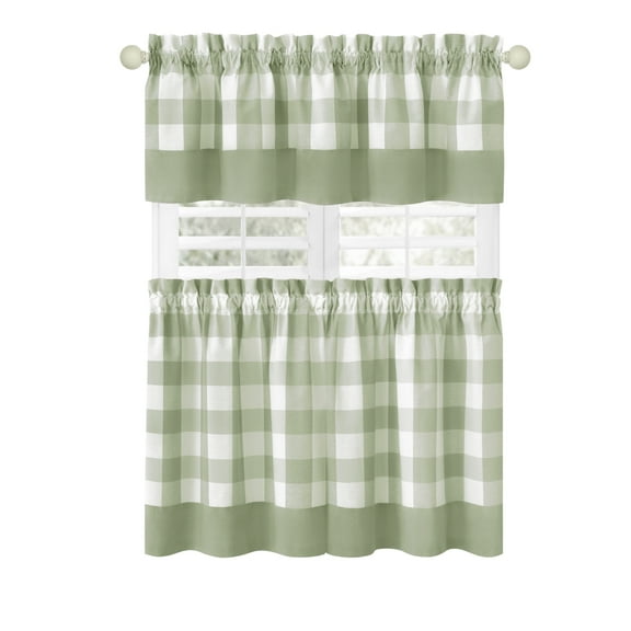 Woven Trends Kitchen Curtains and Valances Set, Classic Country Plaid Checkered Premium Cotton Blend, Cafe Curtains Tier & Valance Set, Rod Pocket, 57" x 24", Light Green