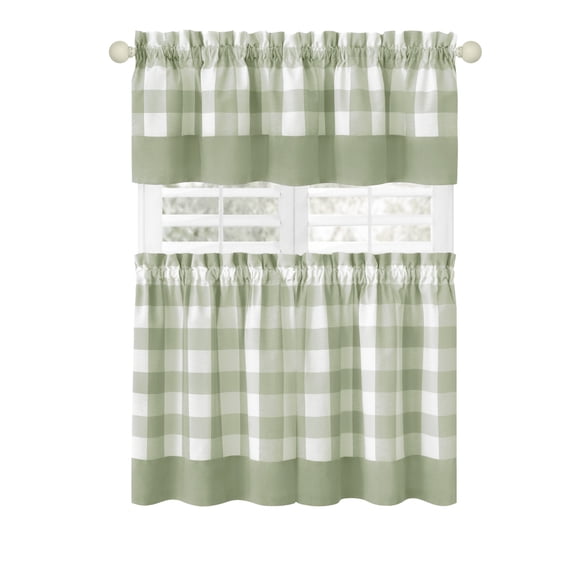 Woven Trends Kitchen Curtains and Valances Set, Classic Country Plaid Checkered Premium Cotton Blend, Cafe Curtains Tier & Valance Set, Rod Pocket, 57" x 24", Light Green