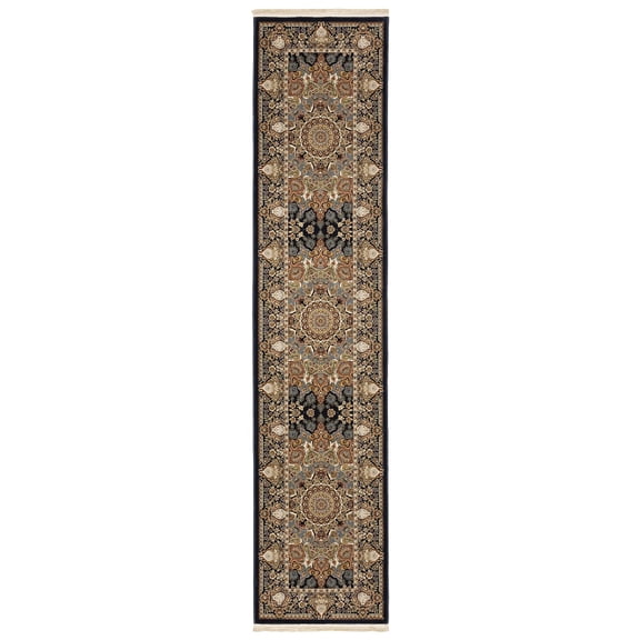 Woven Trends Lamar - 1802B - Traditional Style, Historical Inspired Pattern, Pet & Family Friendly, Living Room, Entryway, Office, Low Pile Polyester Runner Rug in Navy - 2' x 10'