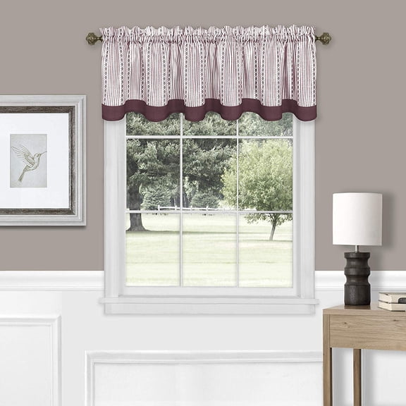 Woven Trends Light Filtering Top Rod Pocket Window Curtain Valance, 52"W x 14"L Double Layer Pinstripes, Geometric Designed Elegant Style Mini Curtain for Room Decore, Burgundy