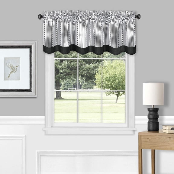Woven Trends Light Filtering Top Rod Pocket Window Curtain Valance, 52"W x 14"L Double Layer Pinstripes, Geometric Designed Elegant Style Mini Curtain for Room Decore, Black