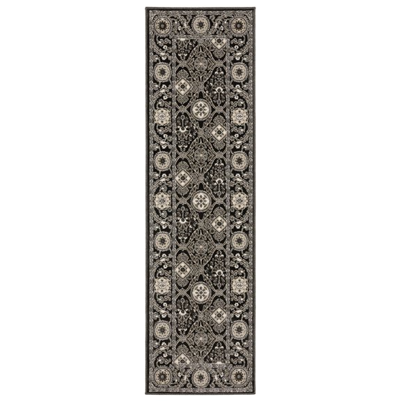 Woven Trends Marvel - RAY05 - Vintage Inspired Style, Medallion Pattern, Pet & Family Friendly, Living Room, Entryway, Office, Low Pile Polyester Runner Rug in Black - 2' x 8'