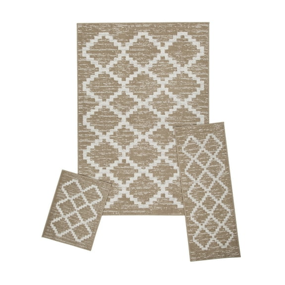 Woven Trends Modern Contemporary 3-Piece Rug Set, 5x7 Area Rug, 2x5 Runner Rug, 2x3 Accent Mat, Livingroom, Bedroom, Entryway, Durable and Stain Resistant, Beige/White