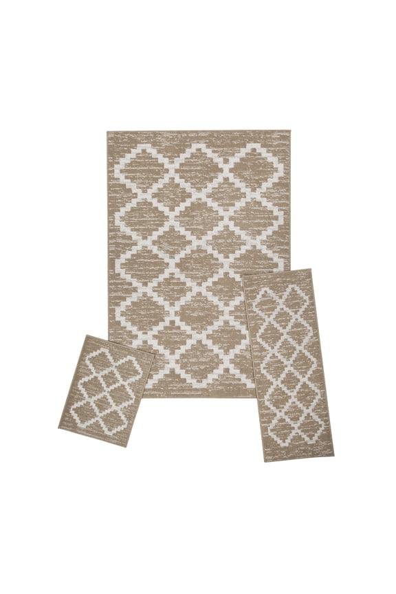 Modern Contemporary 3-Piece Rug Set, 5x7 Area Rug, 2x5 Runner Rug, 2x3 Accent Mat, Livingroom, Bedroom, Entryway, Durable and Stain Resistant, Beige/White