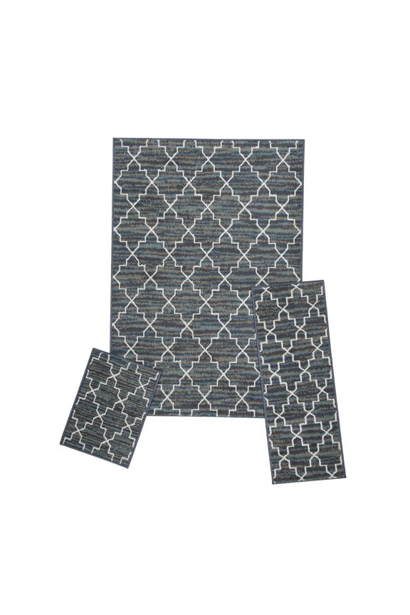 Modern Contemporary 3-Piece Rug Set, 5x7 Area Rug, 2x5 Runner Rug, 2x3 Accent Mat, Livingroom, Bedroom, Entryway, Durable and Stain Resistant, Blue/Gray