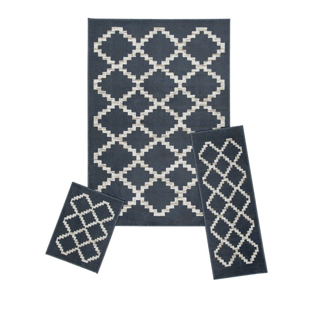 Woven Trends Modern Contemporary 3-Piece Rug Set, 5x7 Area Rug, 2x5 Runner Rug, 2x3 Accent Mat, Livingroom, Bedroom, Entryway, Durable and Stain Resistant, Blue/Gray