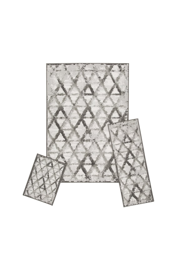 Modern Contemporary 3-Piece Rug Set, 5x7 Area Rug, 2x5 Runner Rug, 2x3 Accent Mat, Livingroom, Bedroom, Entryway, Durable and Stain Resistant, Gray