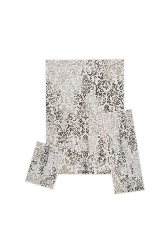 Modern Contemporary 3-Piece Rug Set, 5x7 Area Rug, 2x5 Runner Rug, 2x3 Accent Mat, Livingroom, Bedroom, Entryway, Durable and Stain Resistant, White/Gray
