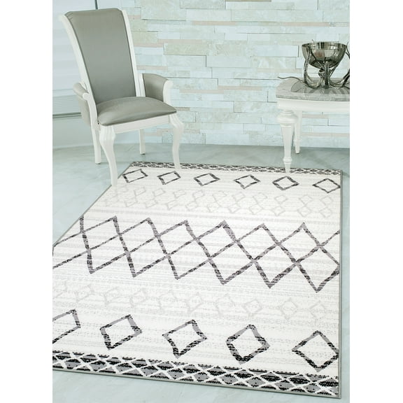 Woven Trends Modern and Contemporary Area Rug, 044 Moroccan Tribal, Extremely Durable and Stain Resistant, Stylish with Non-Skid Rubber Backing (White, 8' x 11' Area Rug)