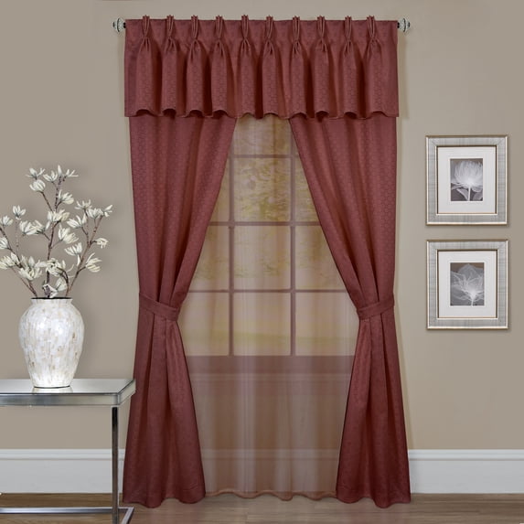 Woven Trends Modern Geometric 6-Piece Window Treatments Curtains, 55 x 63 Inches Rod Pocket Panels Light Filtering Curtain with Attached Valance, Underlay, and Tie Straps for Room Decor, Burgundy