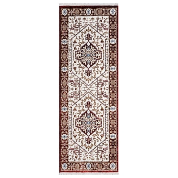 Woven Trends Niddson Area Rug 680 50234 Joy Burgundy 2' x 7' Runner Vintage Bordered Distressed Medallion Design Polyester, Cotton Backing Soft for Living Room, Bedroom, Entryway, Floor Carpet