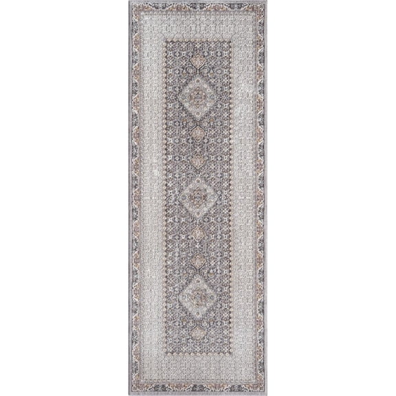 Woven Trends Rachel - 4545-21350 - Traditional Style, Medallion Pattern, Pet & Family Friendly, Living Room, Entryway, Office, Low Pile Polyester Runner Rug in Grey - 2' x 7'