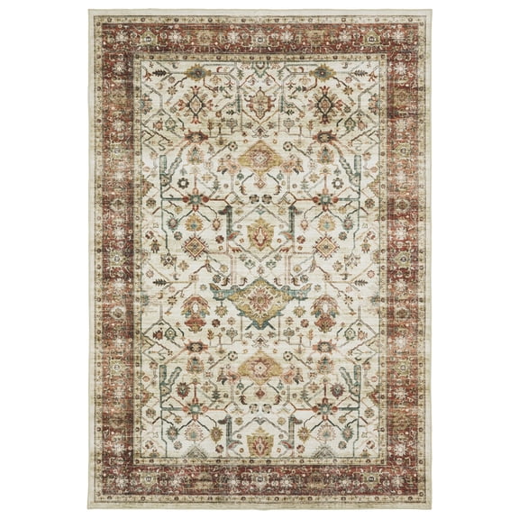 Woven Trends Roma - SUM05 - Traditional Style, Distressed Persian Pattern, Stain Resitant, Living Room, Dining Room, Office, Low Pile Polyester Area Rug in Ivory - 5' x 7'