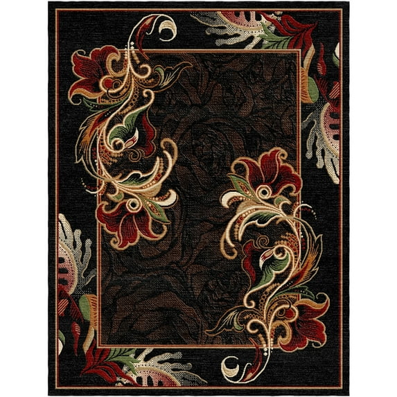 Woven Trends Sumatra Modern Area Rug 7'8" x 10'7" Elegant Floral Geometric Pattern Carpet with Jute Backing, Stain-Resistant Rug for Living Room, Bedroom, Home Decor - Black