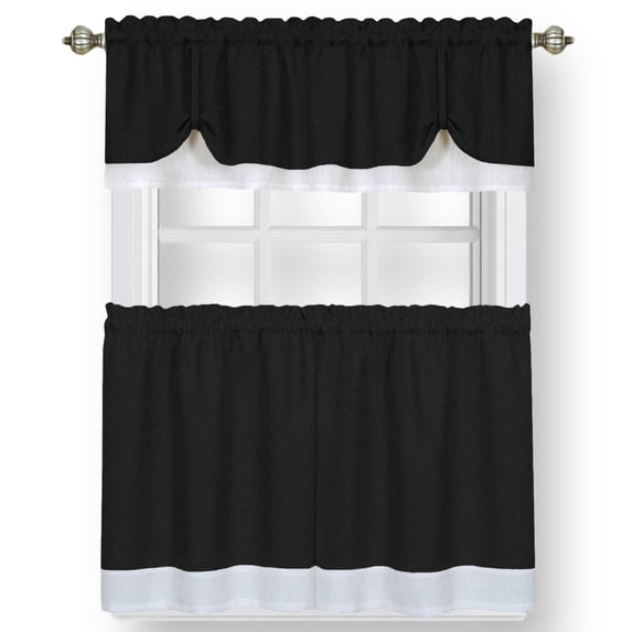 Woven Trends Two-Tone Window Curtain Tier Pair & Valance Set, Double Layer Small Window Curtains for Kitchen, Living Room and Kitchen, Black/White, 58" x 24" Tier Pair & Valance Set