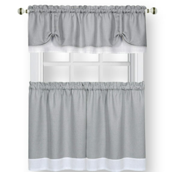 Woven Trends Two-Tone Window Curtain Tier Pair & Valance Set, Double Layer Small Window Curtains for Kitchen, Living Room and Kitchen, Gray/White, 58" x 36" Tier Pair & Valance Set