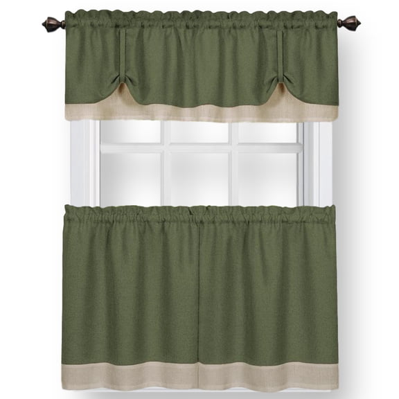 Woven Trends Two-Tone Window Curtain Tier Pair & Valance Set, Double Layer Small Window Curtains for Kitchen, Living Room and Kitchen, Green/Beige, 58" x 36" Tier Pair & Valance Set
