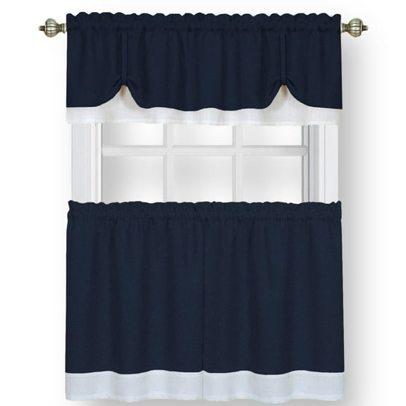 Woven Trends Two-Tone Window Curtain Tier Pair & Valance Set, Double Layer Small Window Curtains for Kitchen, Living Room and Kitchen, Navy/White, 58" x 24" Tier Pair & Valance Set
