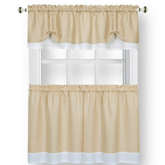 Woven Trends Two-Tone Window Curtain Tier Pair & Valance Set, Double Layer Small Window Curtains for Kitchen, Living Room and Kitchen, Tan/White, 58" x 36" Tier Pair & Valance Set