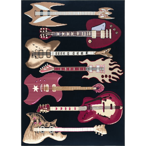 Woven Trends Zone 3'7"X5'3" Novelty Bordered Musical Instruments Area Rug, Music Carpet Rug with Jute Backing, Soft-Durable | Fade-Resistant Rugs for Your Home Decor - Black Guitar