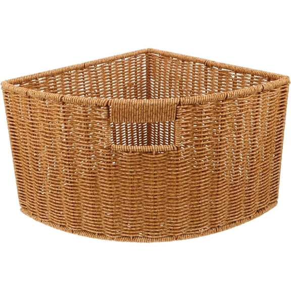 Woven Triangle Corner Storage Basket: Plastic Rattan Triangle Laundry Basket Organizer Bin with Handles for Shelf, Space Saving Triangular Container for Bathroom Bedroom Countertop and Kitchen Cabine