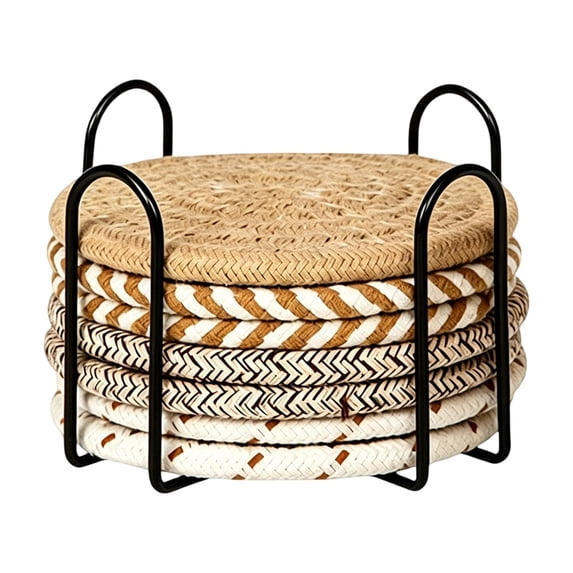 Woven Trivets Coasters, Heat Resistant Round Potholder Mats Set Of 8 With 1 Metal Storage Rack For Kitchen Dining Table Pot Cup Tea