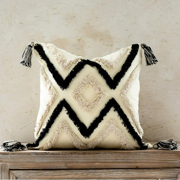 Woven Tufted Boho Lumbar Throw Pillow Cover, Modern Decorative Geometric Chevron Cushion with Tassels, Farmhouse Tribal Pillowcase for Couch Sofa Bedroom Living Room, 12 x 20 Inches, Black, Ivory