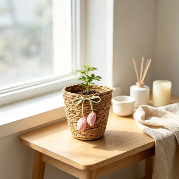 Woven Tulip Storage Basket, Decorative Desktop Organizer with Floral Accent and Ribbon Detail, Natural Fiber Holder for Cosmetics, Pens, Small Accessories and Home Decor
