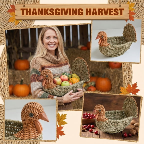 Woven Turkey Basket for Thanksgiving, Decorative Boho Autumn Tray for Tabletop, Handcrafted Faux Rattan Snack Holder with Texture, Minimalist Novelty Key Organizer for Entryway and Shelf