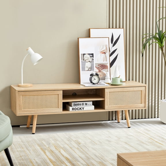 Woven Tv Cabinet With Adjustable Shelf, 55.96" In Length, Solid Wood Legs, Natural Hue For Living Room Stand, Double Sliding Doors, Shelf Area