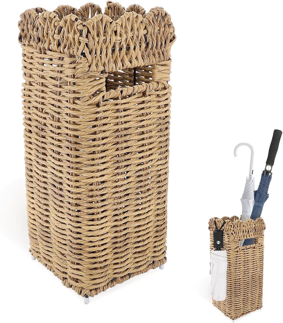 Woven Umbrella Stand for Entryway, PE Rattan Umbrella Holder Basket with Removable Drip Tray, Scalloped Square Cane Stand for Umbrellas, Walking Sticks, Wrapping Paper, Farmhouse Porch Decor