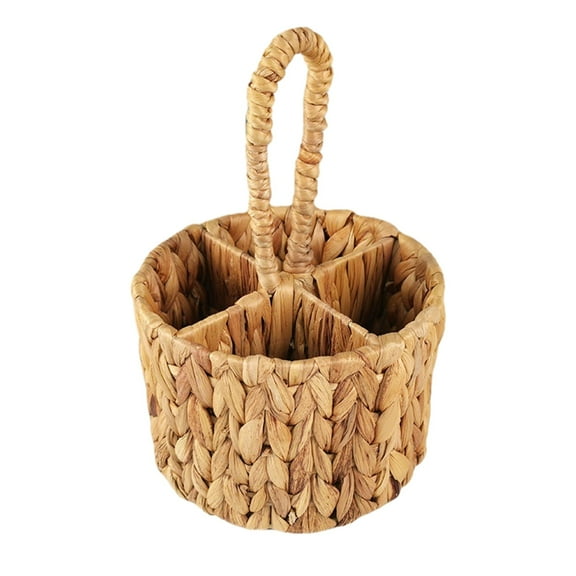 Woven Utensil Holder with Handle, Silverware Caddy with 4 Compartments, Wicker Flatware Cutlery Organizer for Kitchen Countertop, Picnic, Party, Buffet